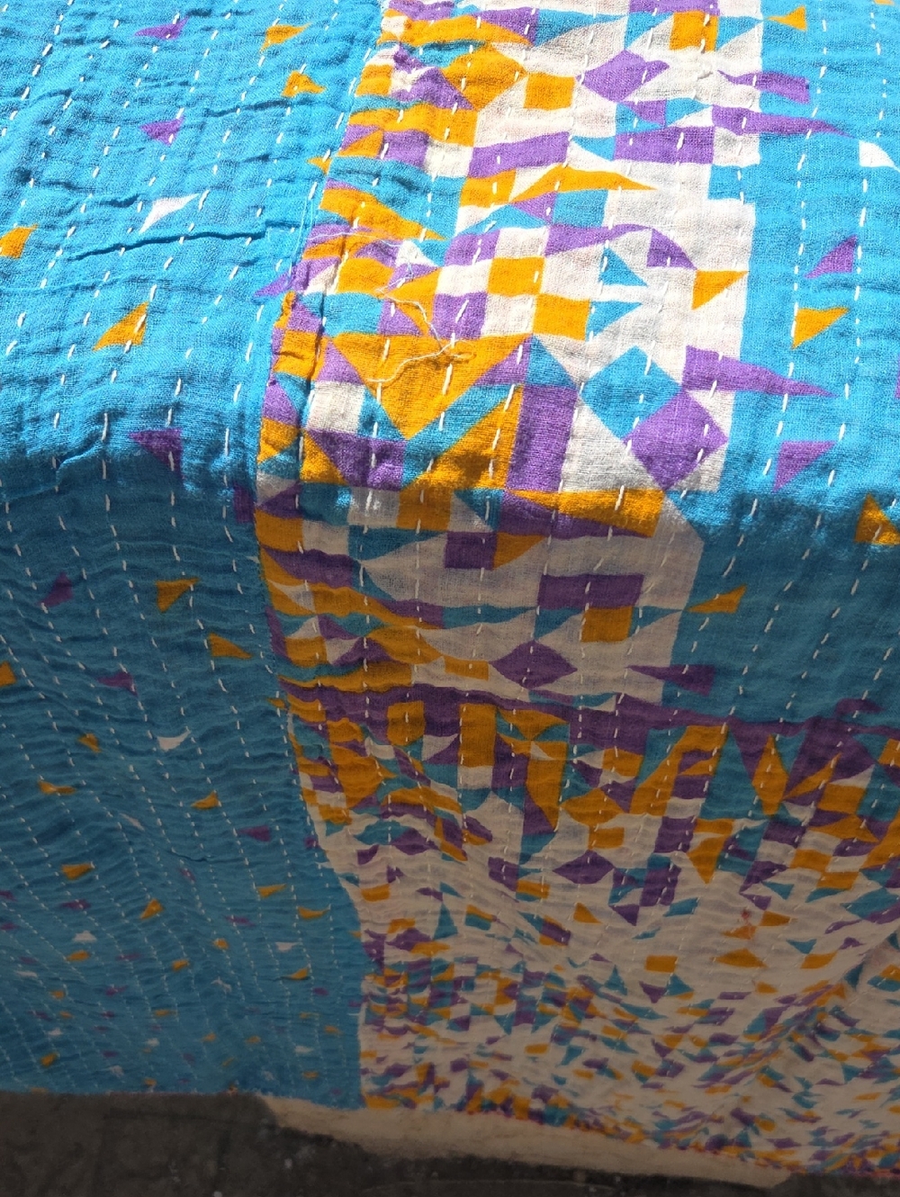 Turquoise Patchwork Kantha Quilt Throw with Yellow and Purple Accents